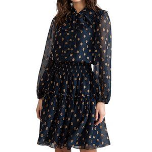 Shoshanna Dane Sheer Puff-Sleeve Dress EUC Size 6, Navy Bronze